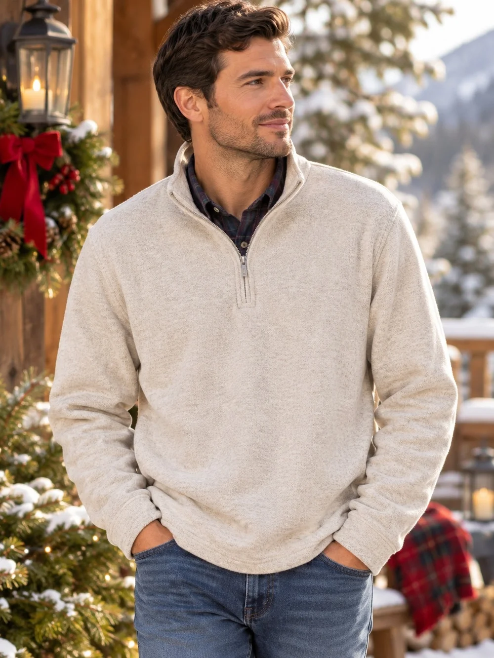 J. Crew Men's Double-Knit Quarter-Zip Pullover Sweater Oatmeal- Size L